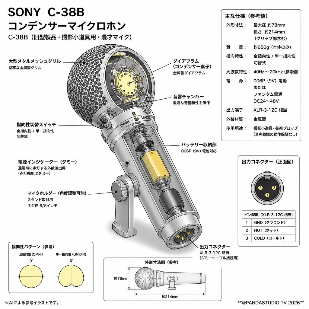 SONY  C-38B コンデンサーマイクロホン C38B（旧型製品・撮影小道具用・漫才マイク） スペック