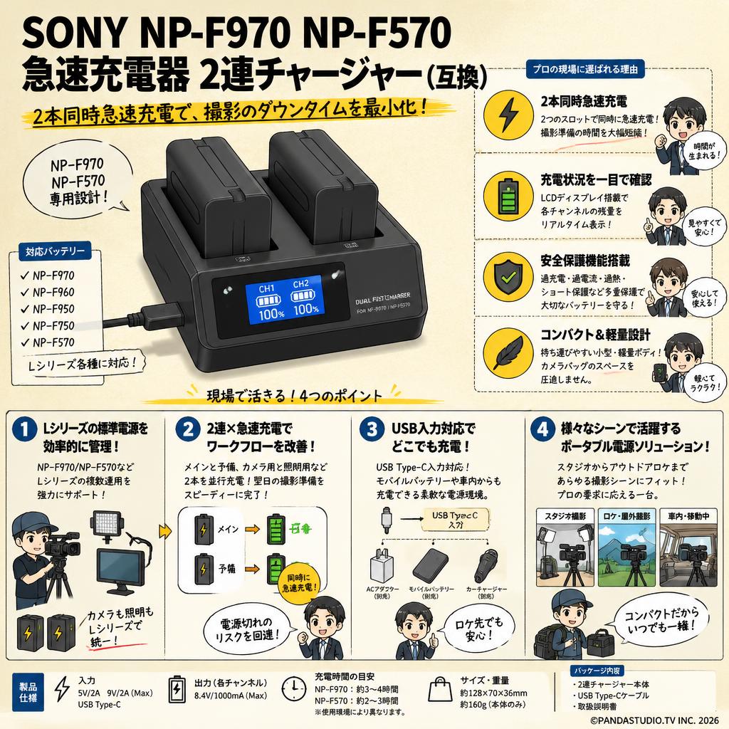 SONY NP-F970 NP-F570 急速充電器 2連チャージャー（互換） 概要