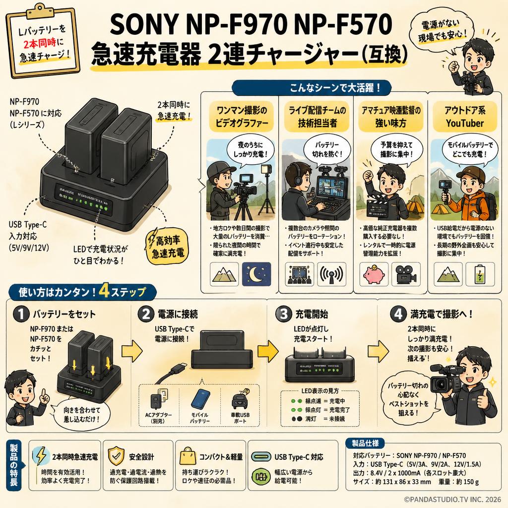 SONY NP-F970 NP-F570 急速充電器 2連チャージャー（互換） おもな対象のお客様