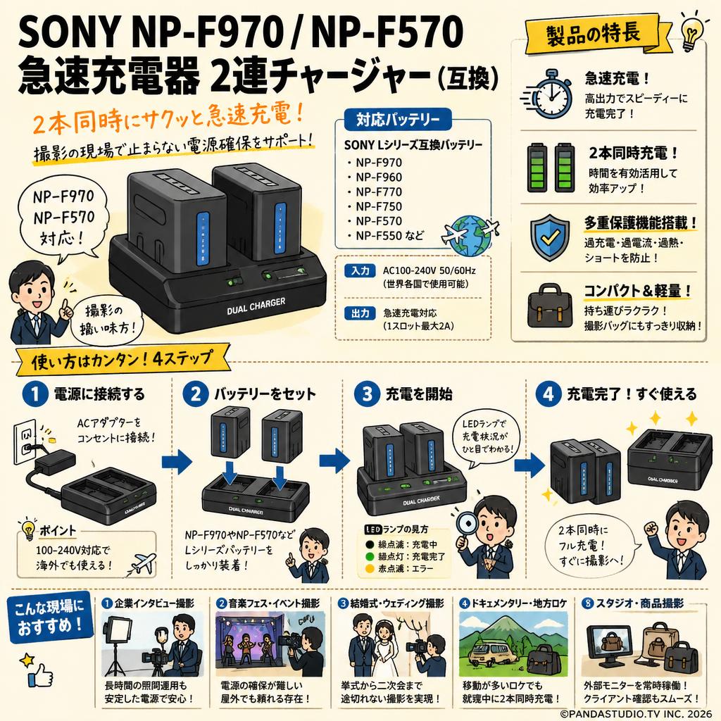 SONY NP-F970 NP-F570 急速充電器 2連チャージャー（互換） 用途