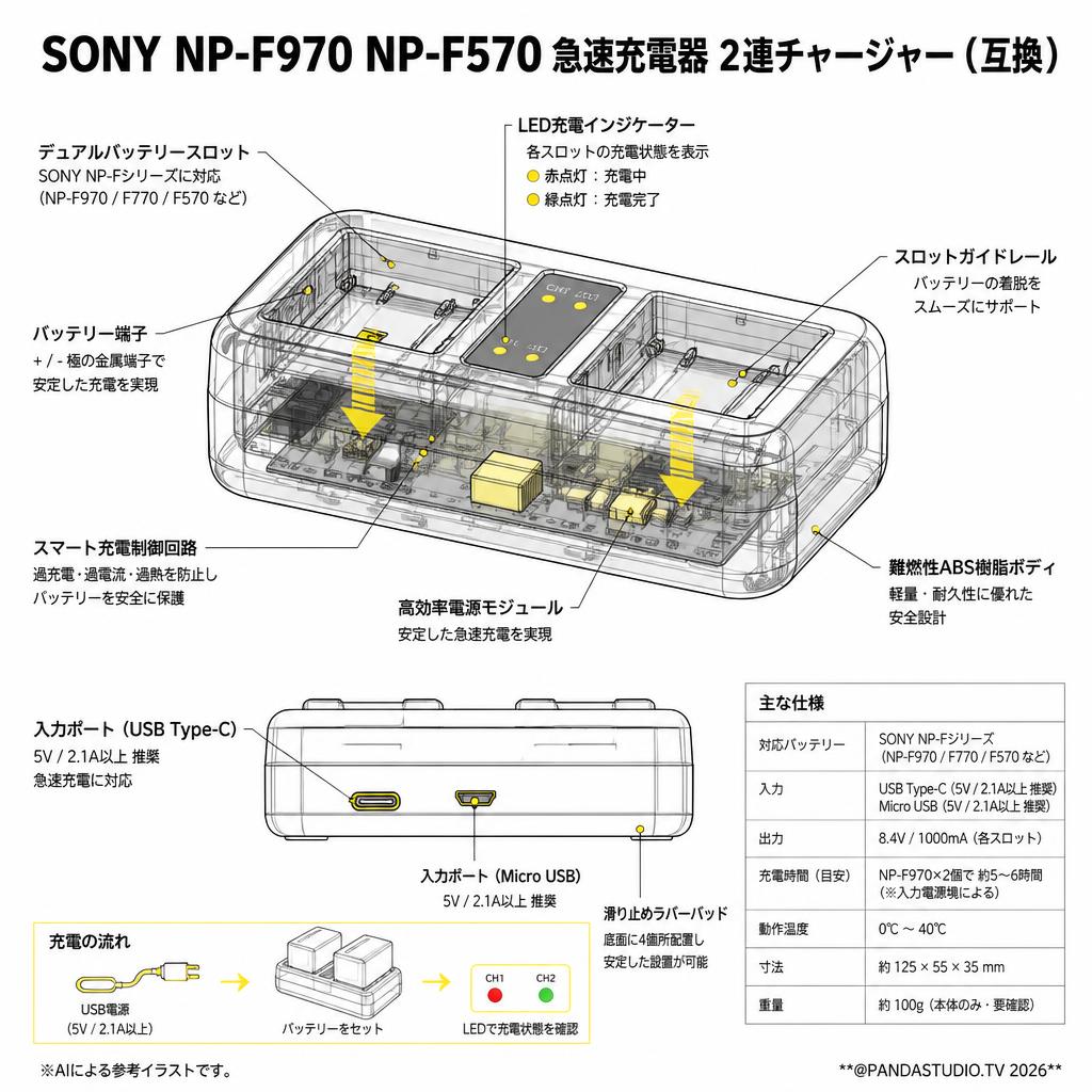 SONY NP-F970 NP-F570 急速充電器 2連チャージャー（互換） スペック
