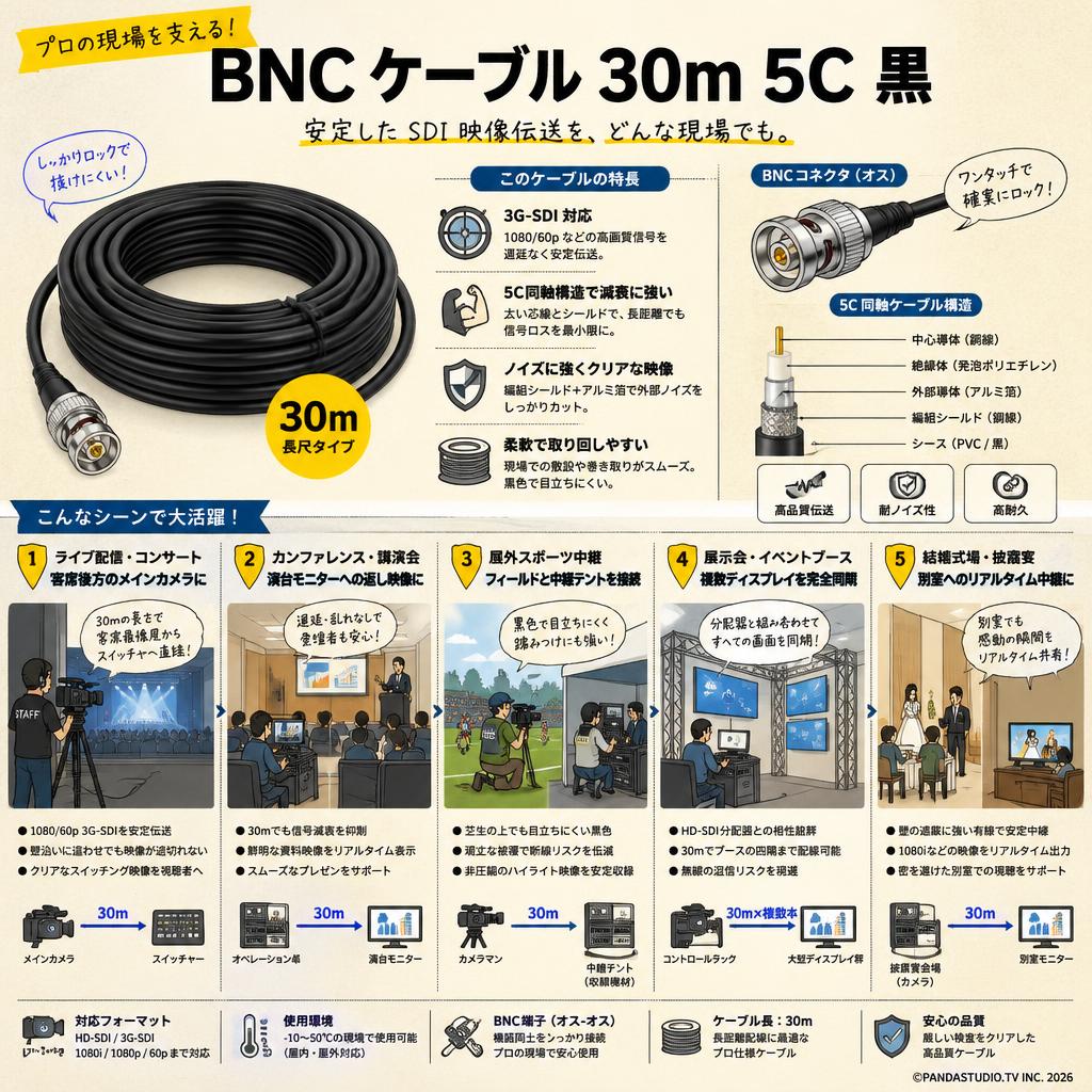 BNC ケーブル 30m 5C 黒 用途