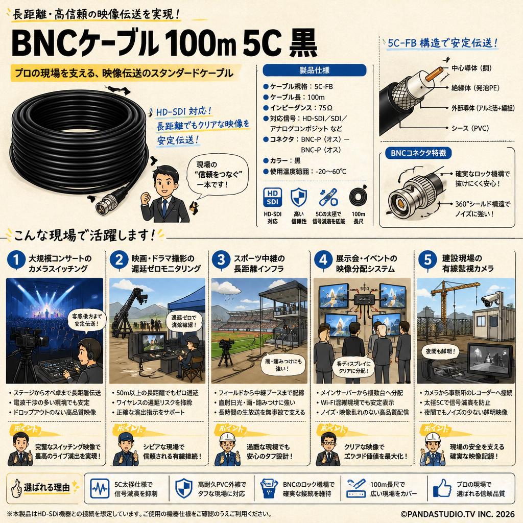 BNCケーブル 100m 5C 黒 用途