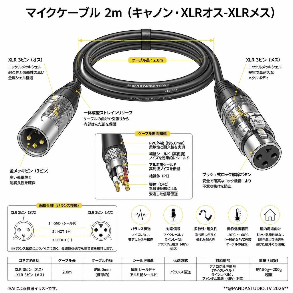 マイクケーブル 2m（キャノン・XLRオス-XLRメス） スペック