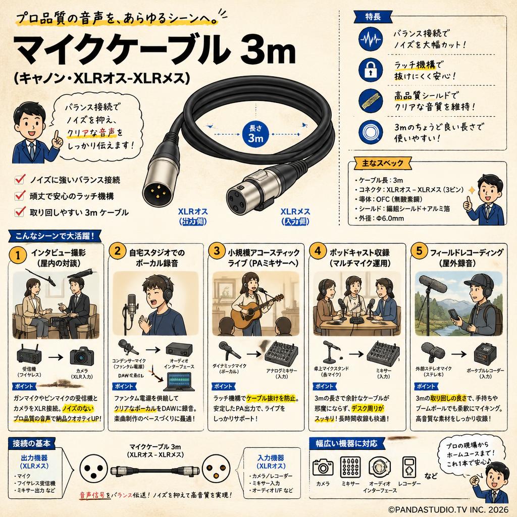 マイクケーブル 3m（キャノン・XLRオス-XLRメス） 用途