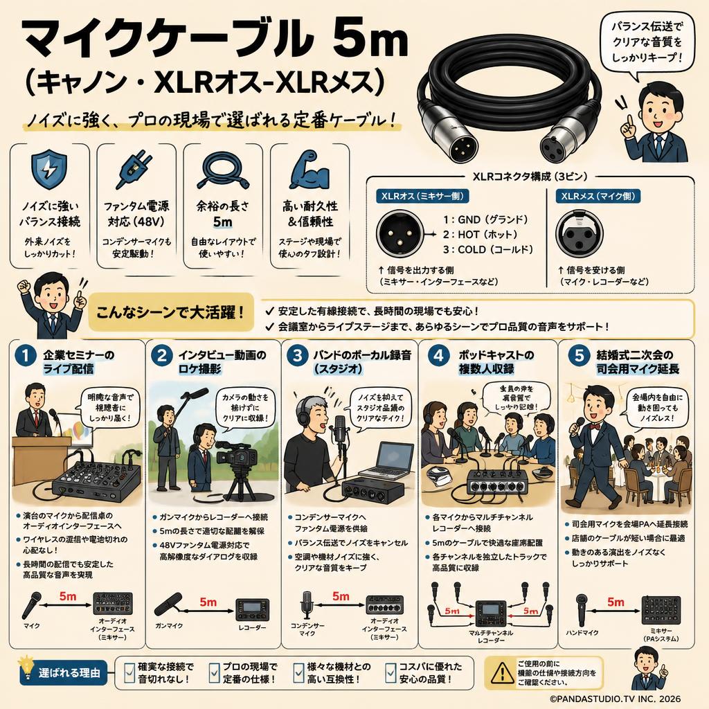 マイクケーブル 5m（キャノン・XLRオス-XLRメス） 用途