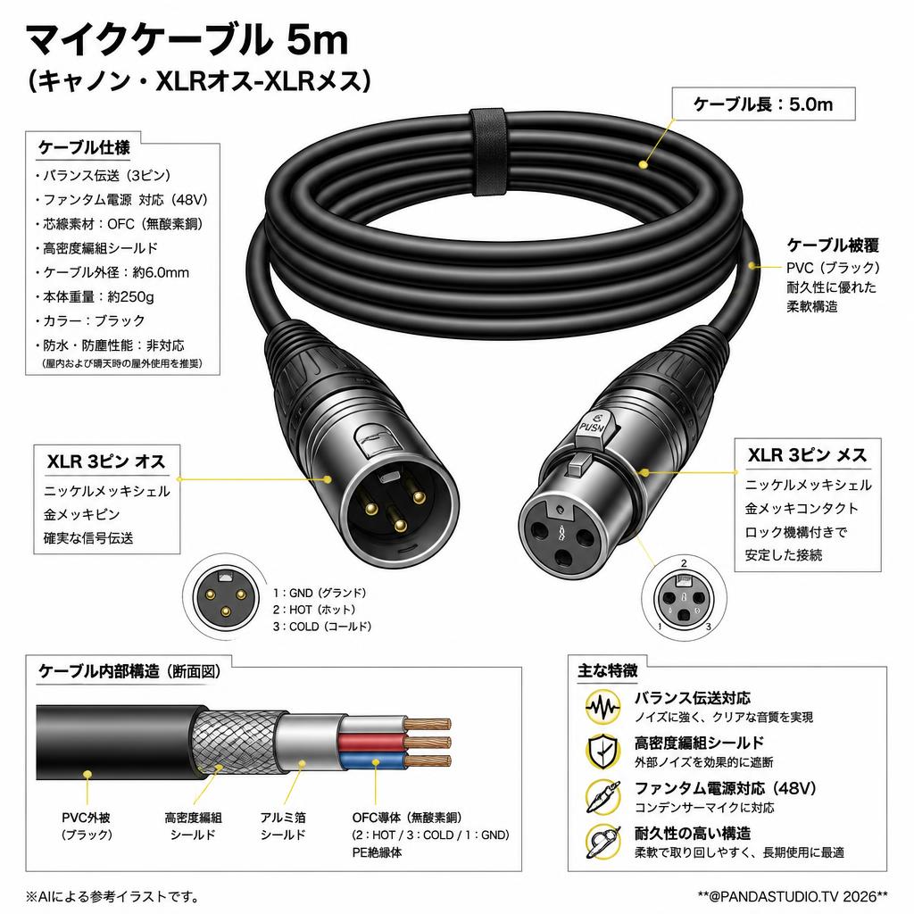 マイクケーブル 5m（キャノン・XLRオス-XLRメス） スペック