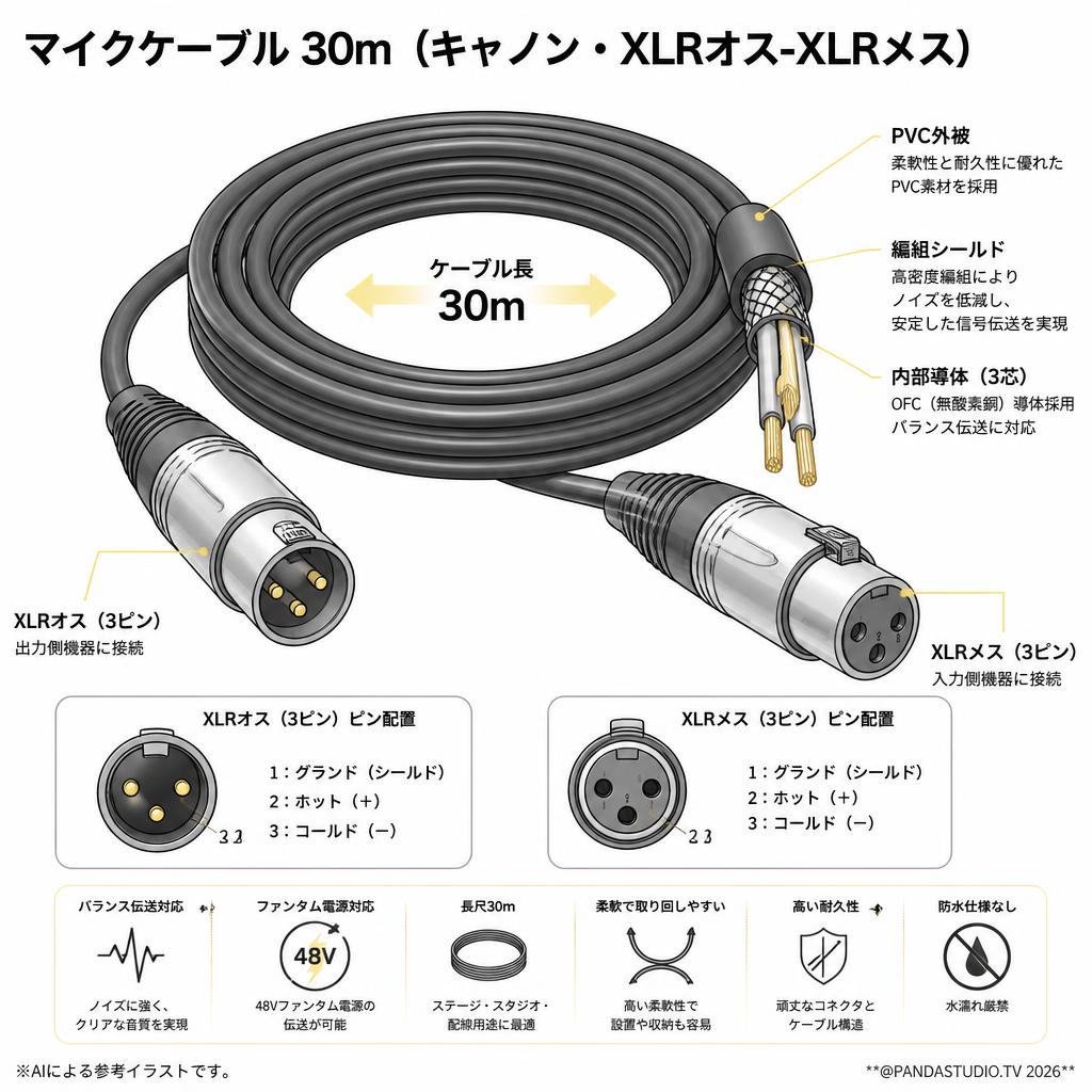 マイクケーブル 30m（キャノン・XLRオス-XLRメス） スペック