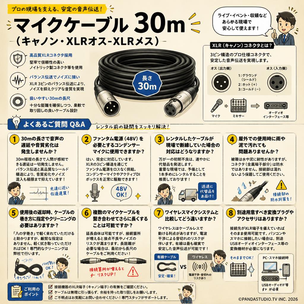 マイクケーブル 30m（キャノン・XLRオス-XLRメス） FAQ（よくある質問と答え）