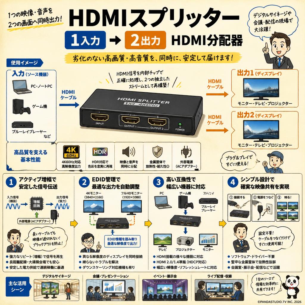 HDMIスプリッター 1入力2出力 HDMI分配器 概要