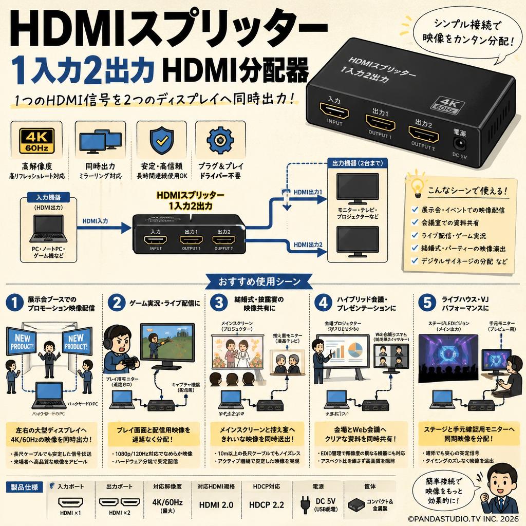 HDMIスプリッター 1入力2出力 HDMI分配器 用途