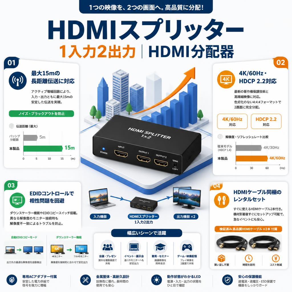 HDMIスプリッター 1入力2出力 HDMI分配器 セールスポイント