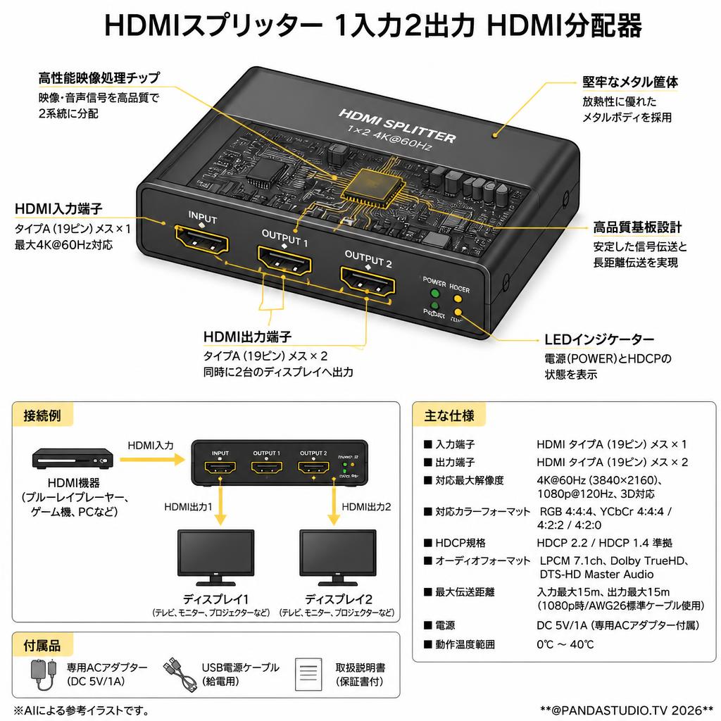 HDMIスプリッター 1入力2出力 HDMI分配器 スペック