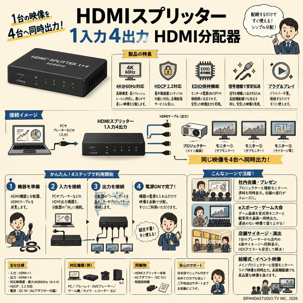 HDMIスプリッター 1入力4出力 HDMI分配器 おもな対象のお客様