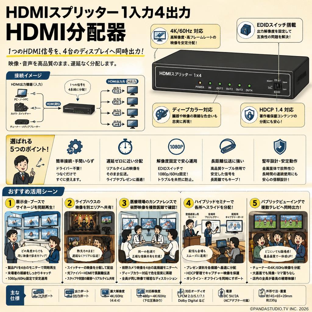 HDMIスプリッター 1入力4出力 HDMI分配器 用途