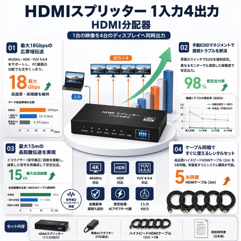 HDMIスプリッター 1入力4出力 HDMI分配器 セールスポイント