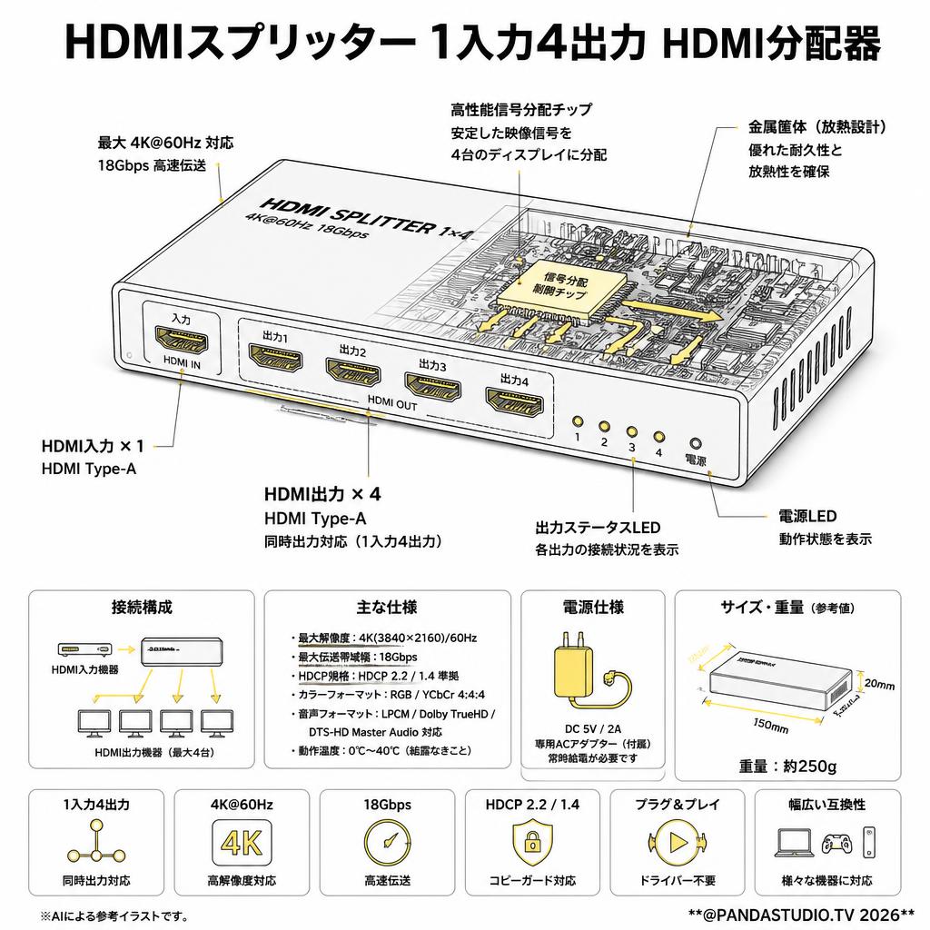 HDMIスプリッター 1入力4出力 HDMI分配器 スペック
