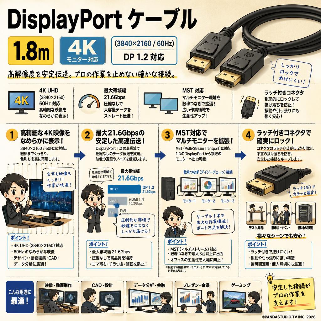 DisplayPort ケーブル 1.8m 4K モニター 対応 （3840 x 2160 / 60Hz