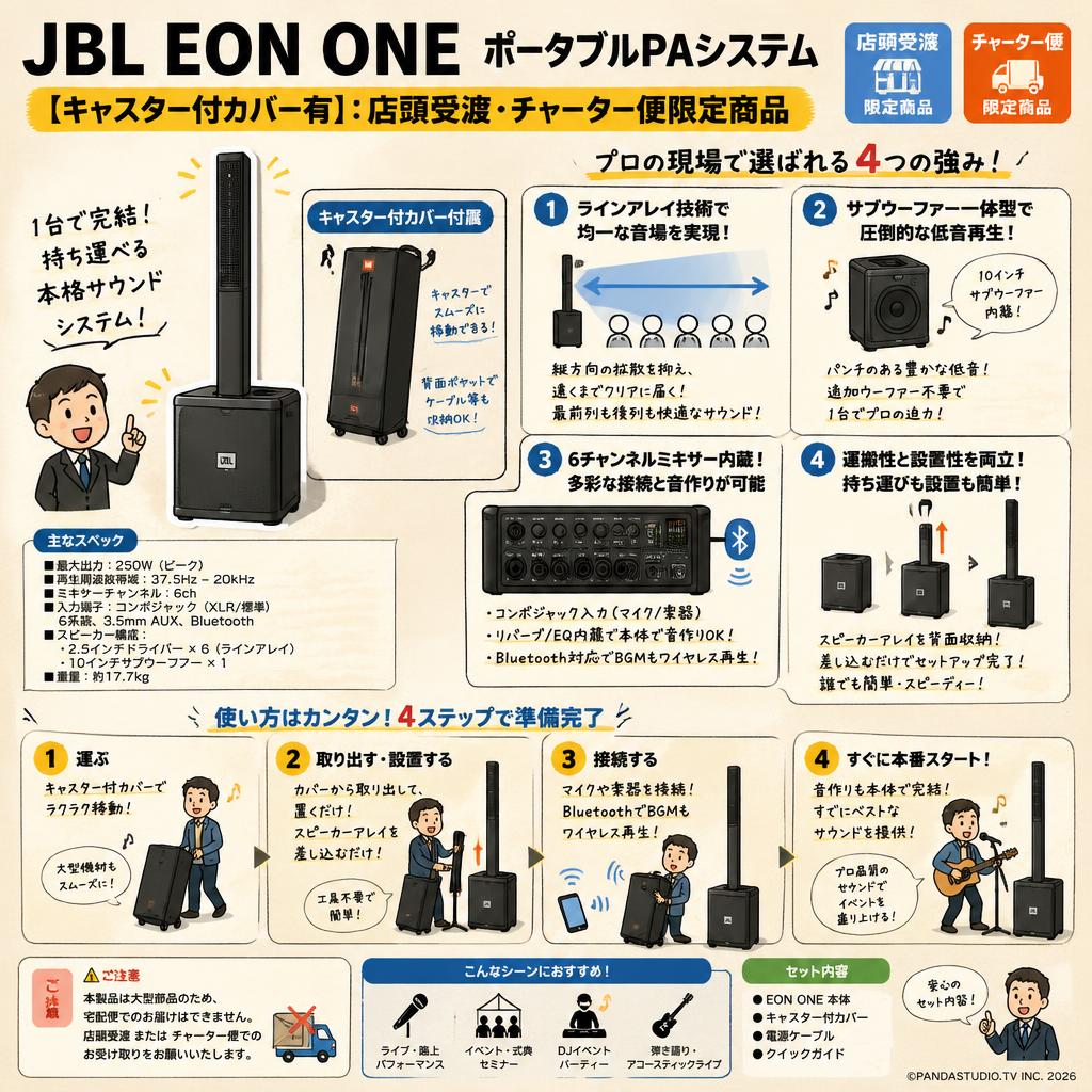 JBL  EON ONE ポータブルPAシステム 【キャスター付カバー有】：店頭受渡・チャーター便限定商品 概要
