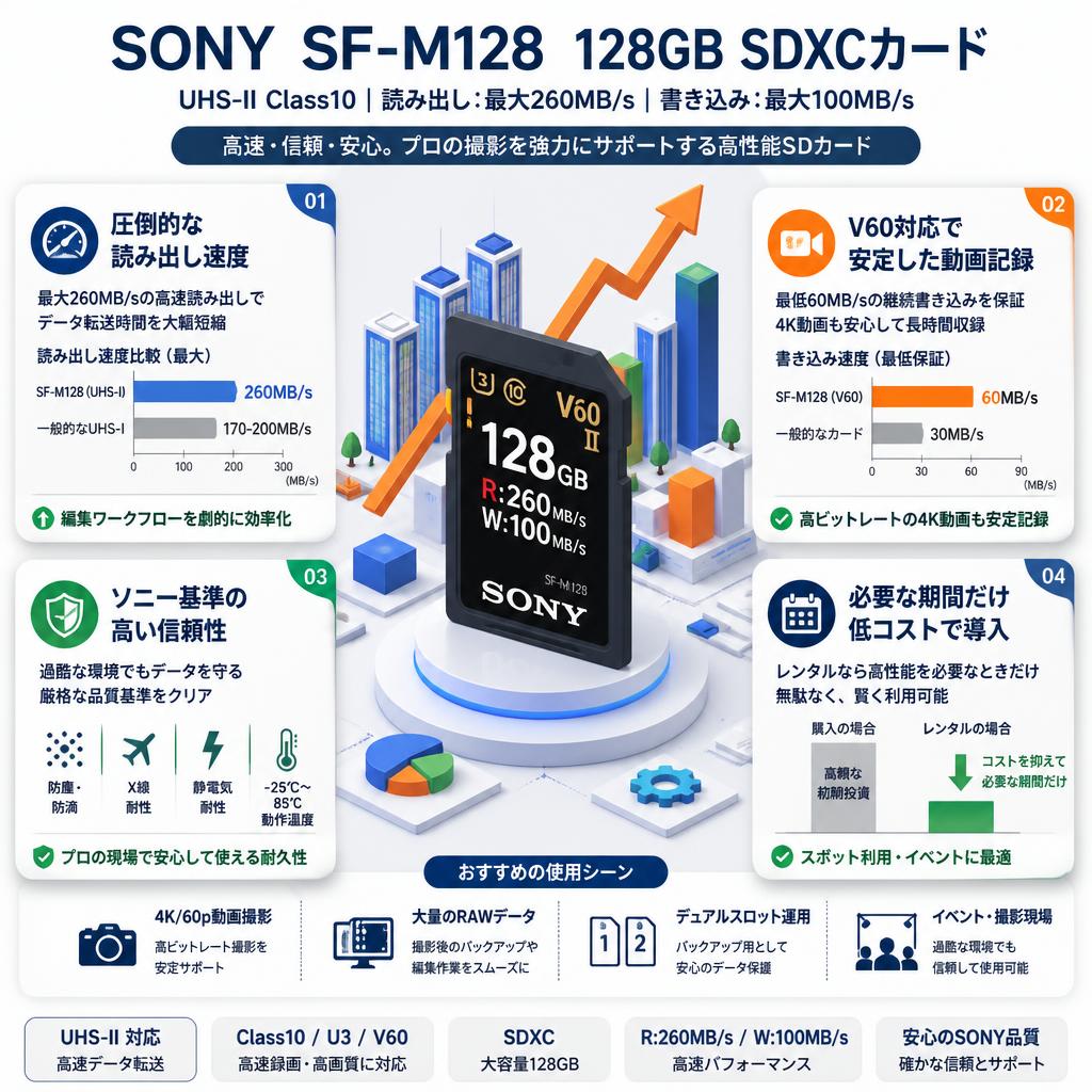 SONY  SF-M128  128GB UHS-II Class10 R:260 MB/s W:100MB/s SDXCカード ソニー セールスポイント