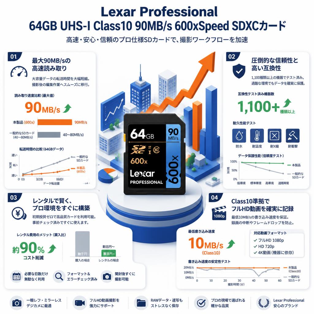 Lexar Professional 64GB UHS-I Class10 90MB/s 600xSpeed SDXCカード セールスポイント