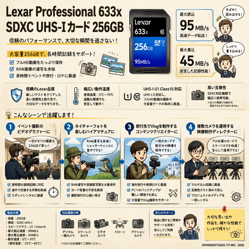 Lexar Professional 633x SDXC UHS-Iカード 256GB (最大読込 95MB/s, 最大書込 45MB/s) おもな対象のお客様