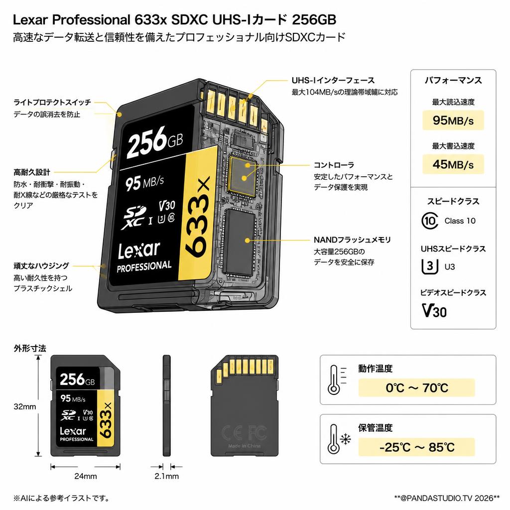 Lexar Professional 633x SDXC UHS-Iカード 256GB (最大読込 95MB/s, 最大書込 45MB/s) スペック