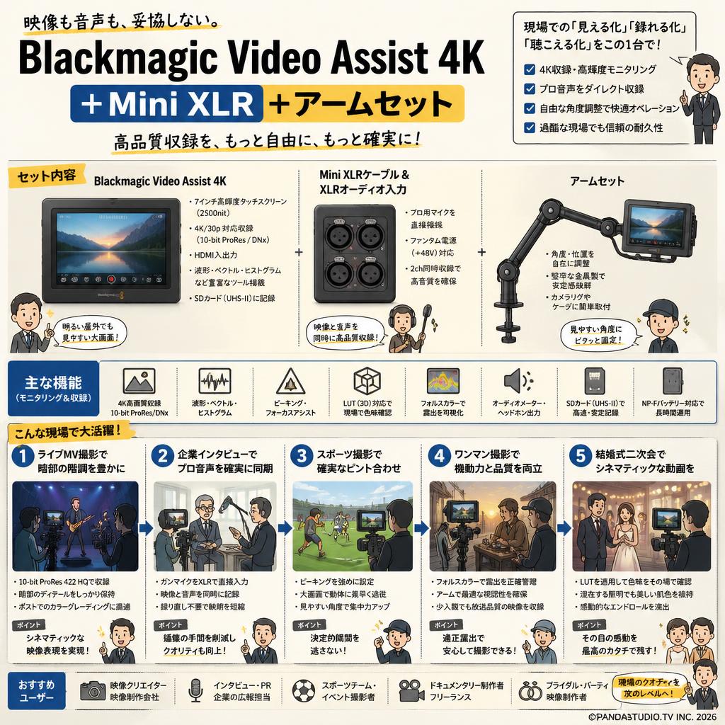 Blackmagic Video Assist 4K＋Mini XLR＋アームセット 用途