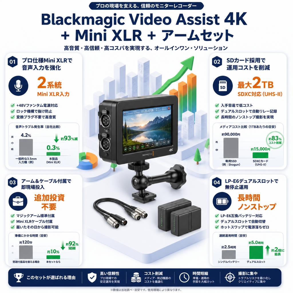Blackmagic Video Assist 4K＋Mini XLR＋アームセット セールスポイント