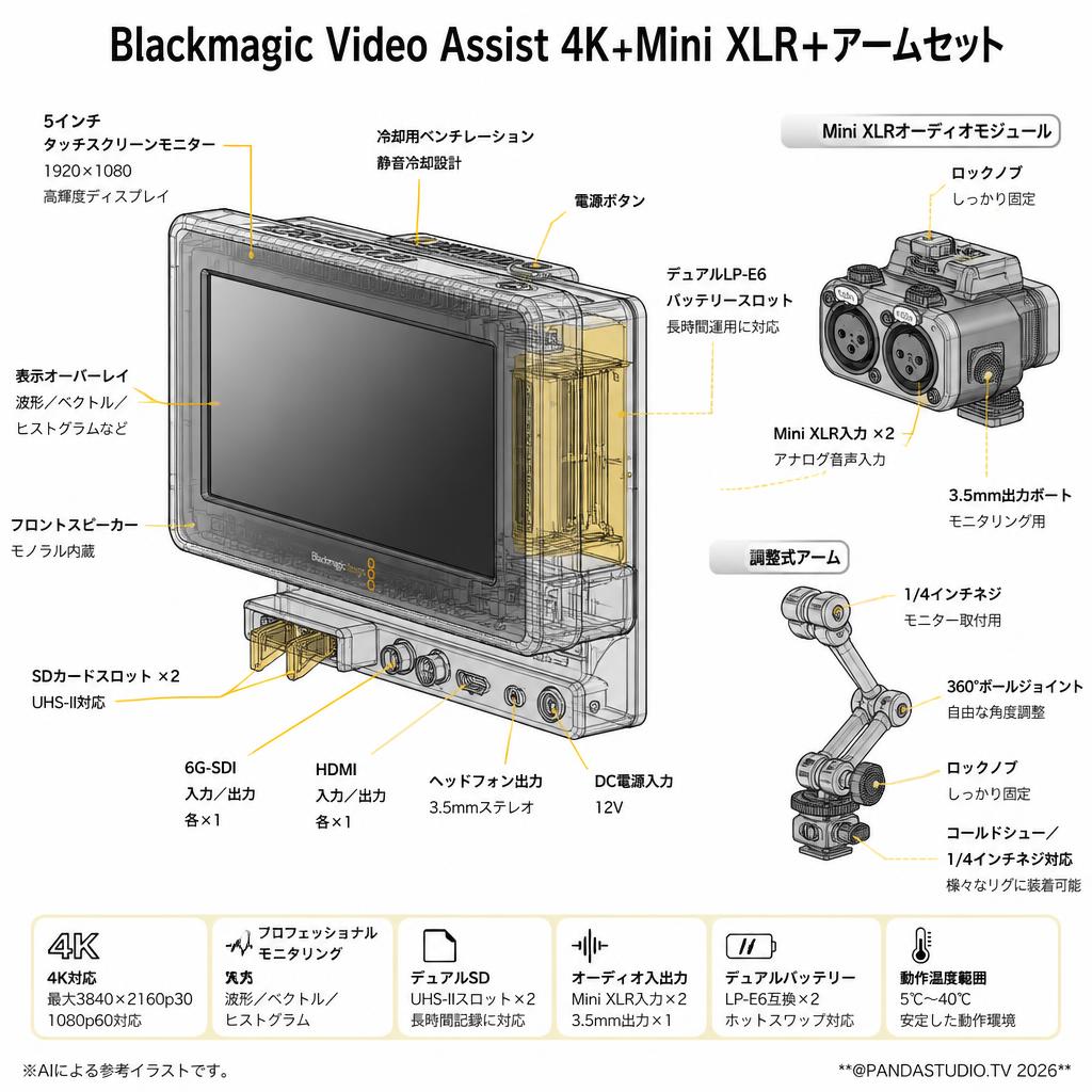 Blackmagic Video Assist 4K＋Mini XLR＋アームセット スペック