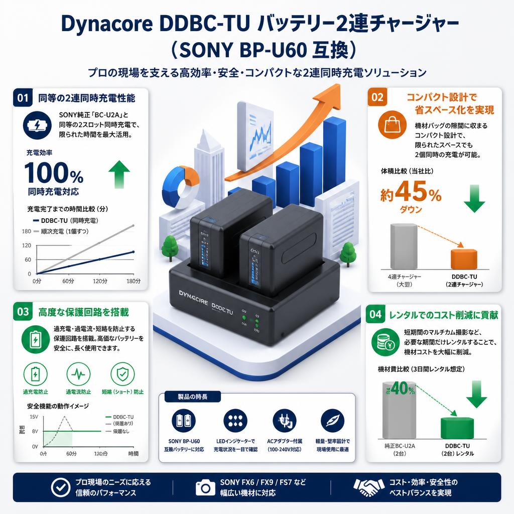 Dynacore DDBC-TU バッテリー 2連チャージャー（SONY BP-U60 互換） セールスポイント