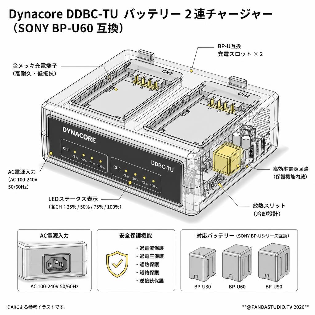 Dynacore DDBC-TU バッテリー 2連チャージャー（SONY BP-U60 互換） スペック