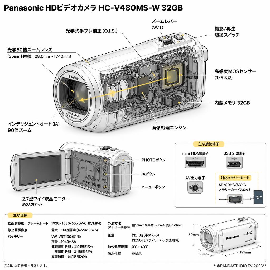 Panasonic HDビデオカメラ HC-V480MS-W 32GB スペック