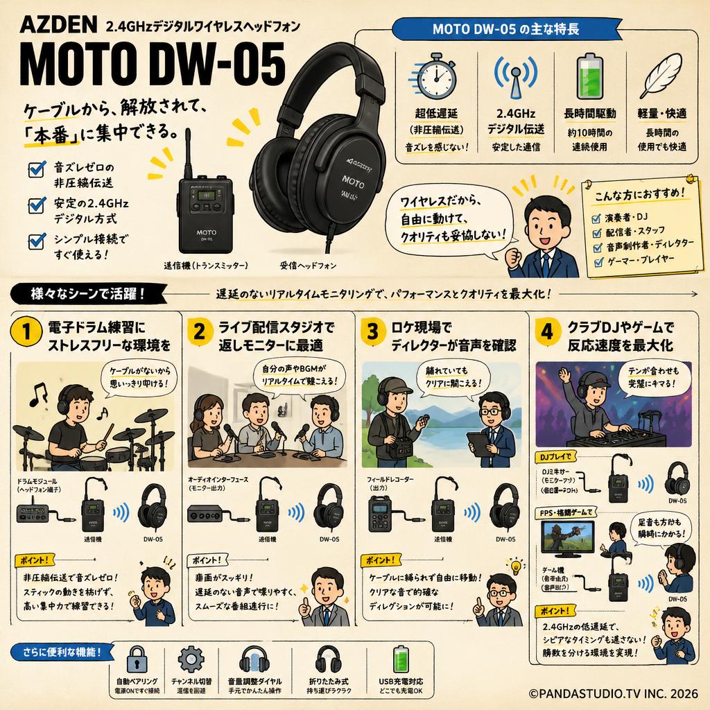 AZDEN 2.4GHzデジタルワイヤレスヘッドフォン  MOTO DW-05 用途