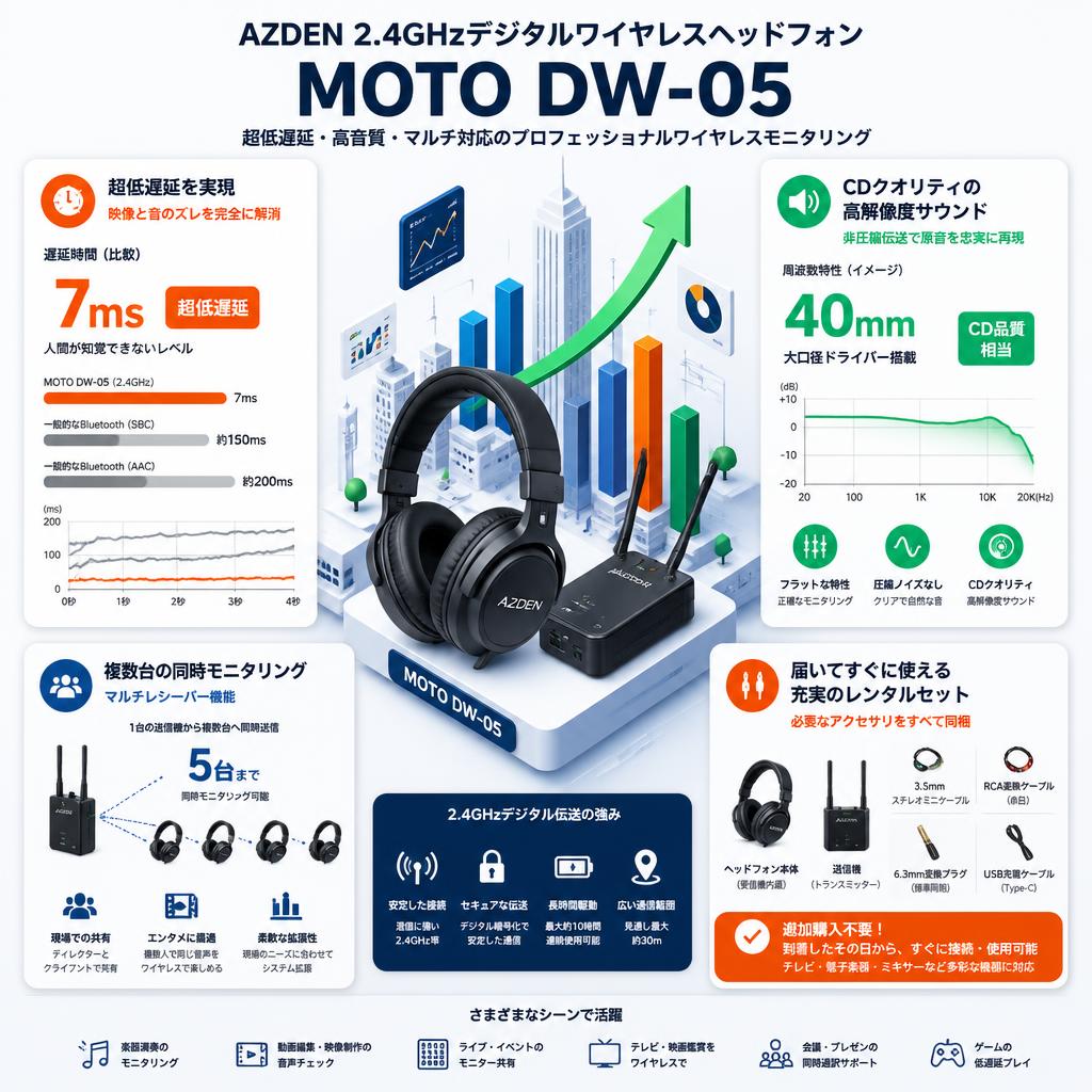 AZDEN 2.4GHzデジタルワイヤレスヘッドフォン  MOTO DW-05 セールスポイント