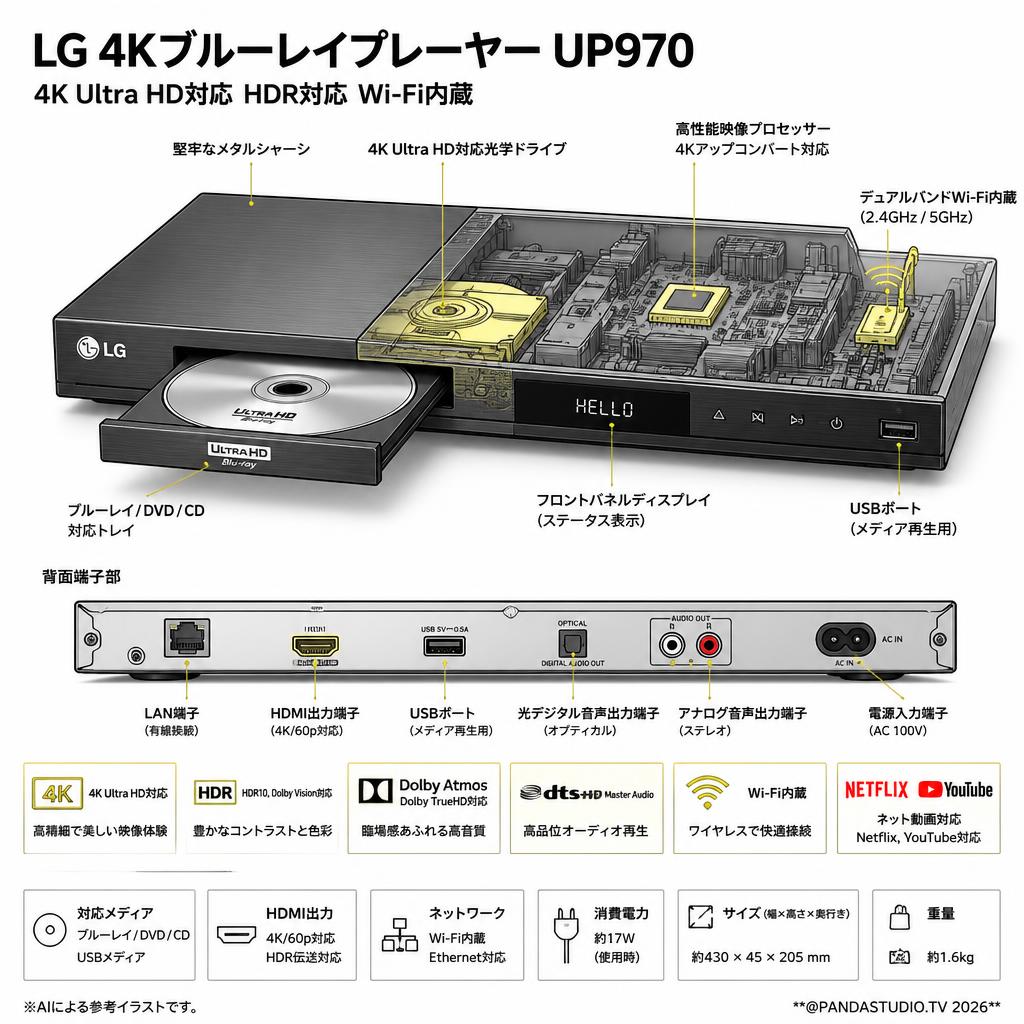 LG 4Kブルーレイプレーヤー UP970  4K Ultra HD対応 HDR対応 Wi-Fi内蔵 スペック