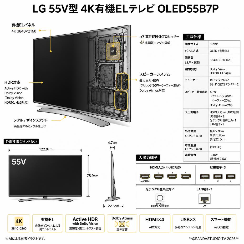 LG 55V型 4K有機ELテレビ OLED55B7P【クロネコ発送不可/佐川急便配送】 スペック