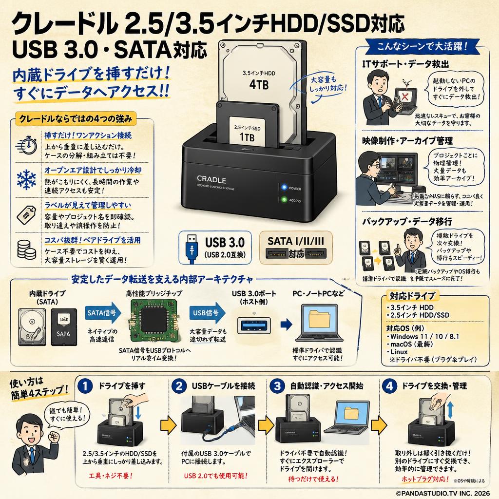 クレードル 2.5/3.5インチHDD/SSD対応 USB 3.0・SATA対応 概要