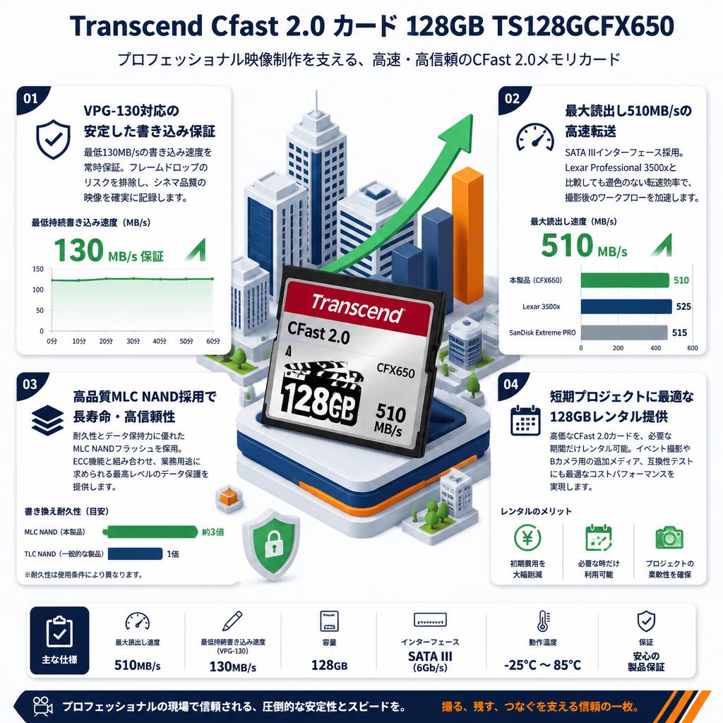 Transcend Cfast 2.0 カード 128GB TS128GCFX650 セールスポイント