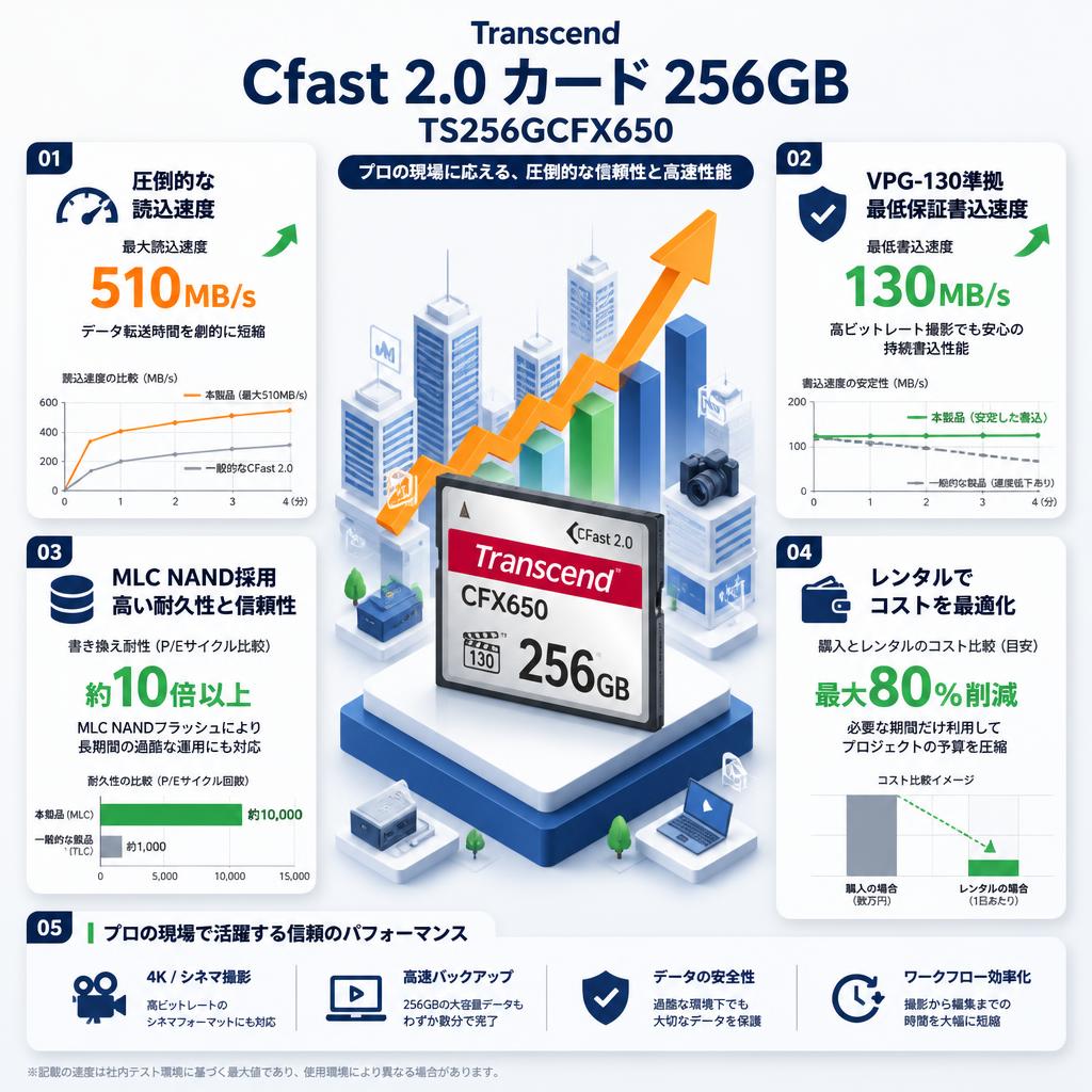 Transcend Cfast 2.0 カード 256GB TS256GCFX650 セールスポイント