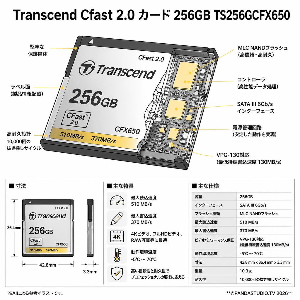 Transcend Cfast 2.0 カード 256GB TS256GCFX650 スペック