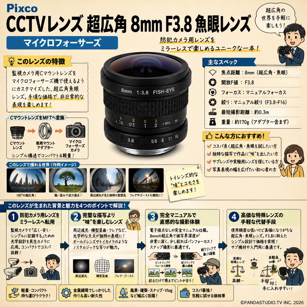 Pixco CCTVレンズ 超広角 8mm F3.8 魚眼レンズ マイクロフォーサーズ 概要