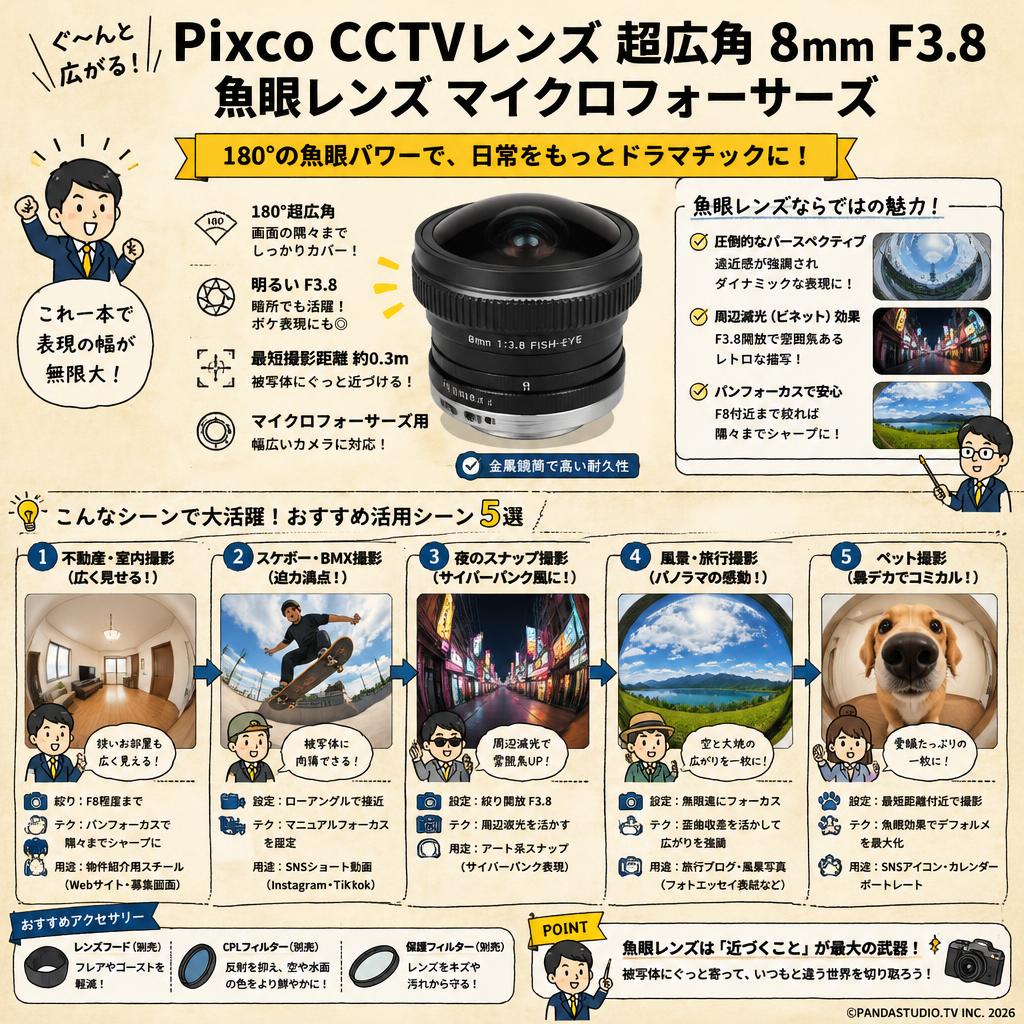 Pixco CCTVレンズ 超広角 8mm F3.8 魚眼レンズ マイクロフォーサーズ 用途