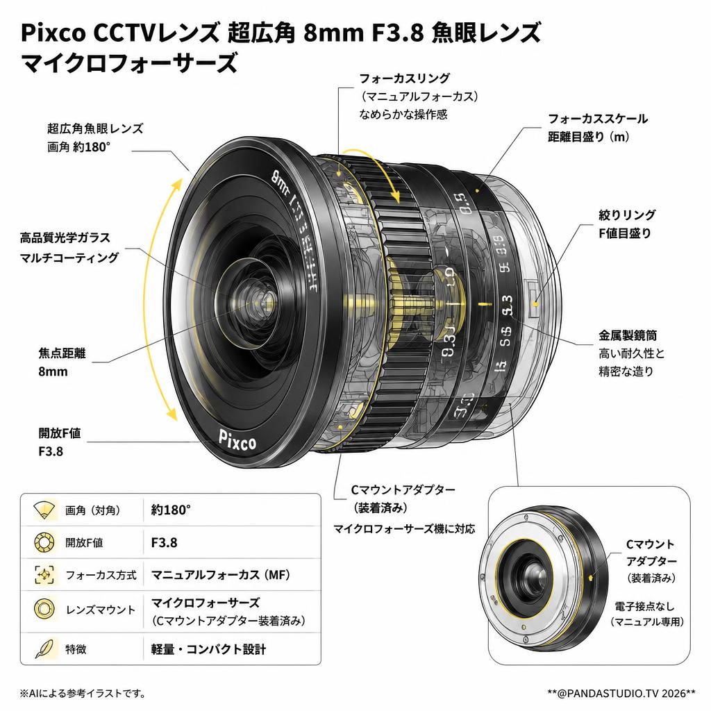 Pixco CCTVレンズ 超広角 8mm F3.8 魚眼レンズ マイクロフォーサーズ スペック