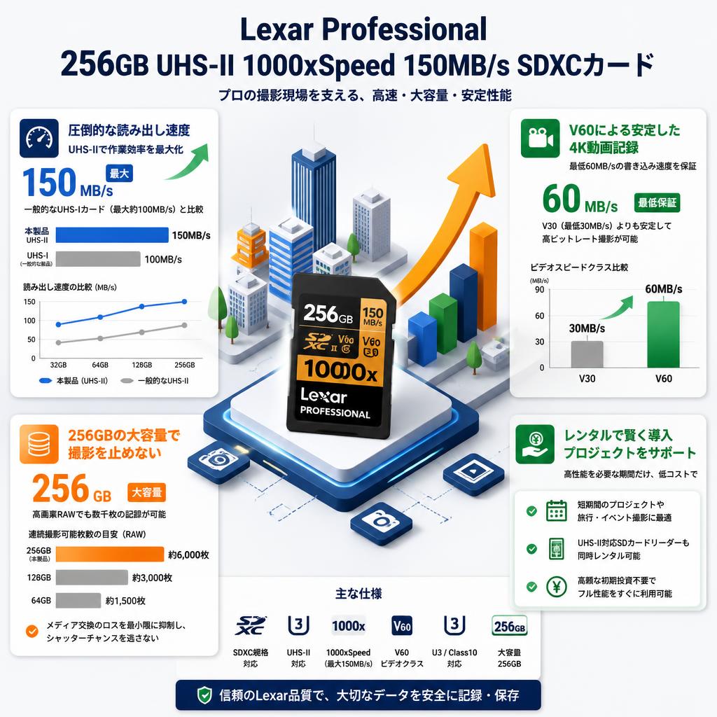 Lexar Professional 256GB UHS-II 1000xSpeed 150MB/s SDXCカード セールスポイント