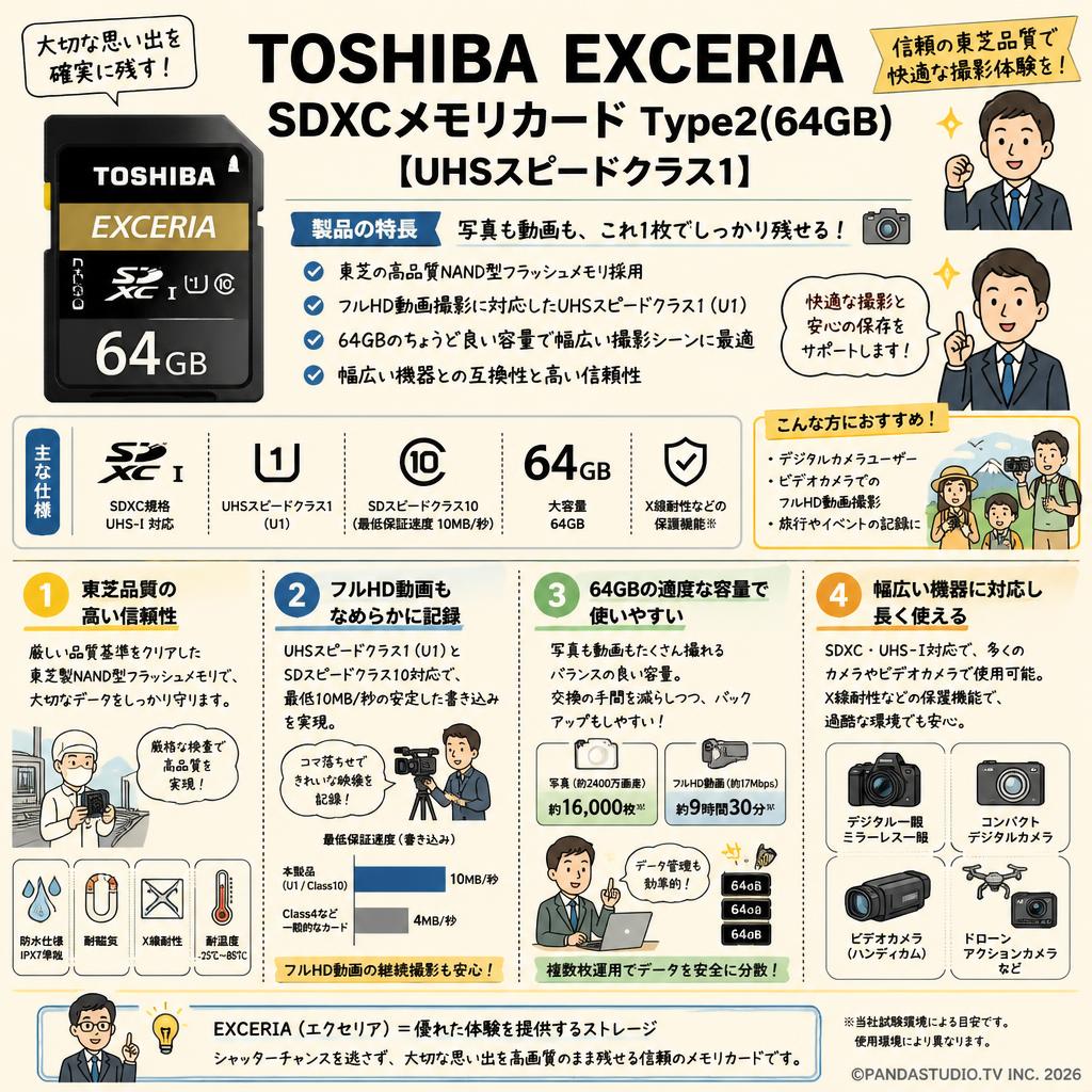 TOSHIBA EXCERIA SDXC メモリカード Type2(64GB)【UHSスピードクラス1】 概要