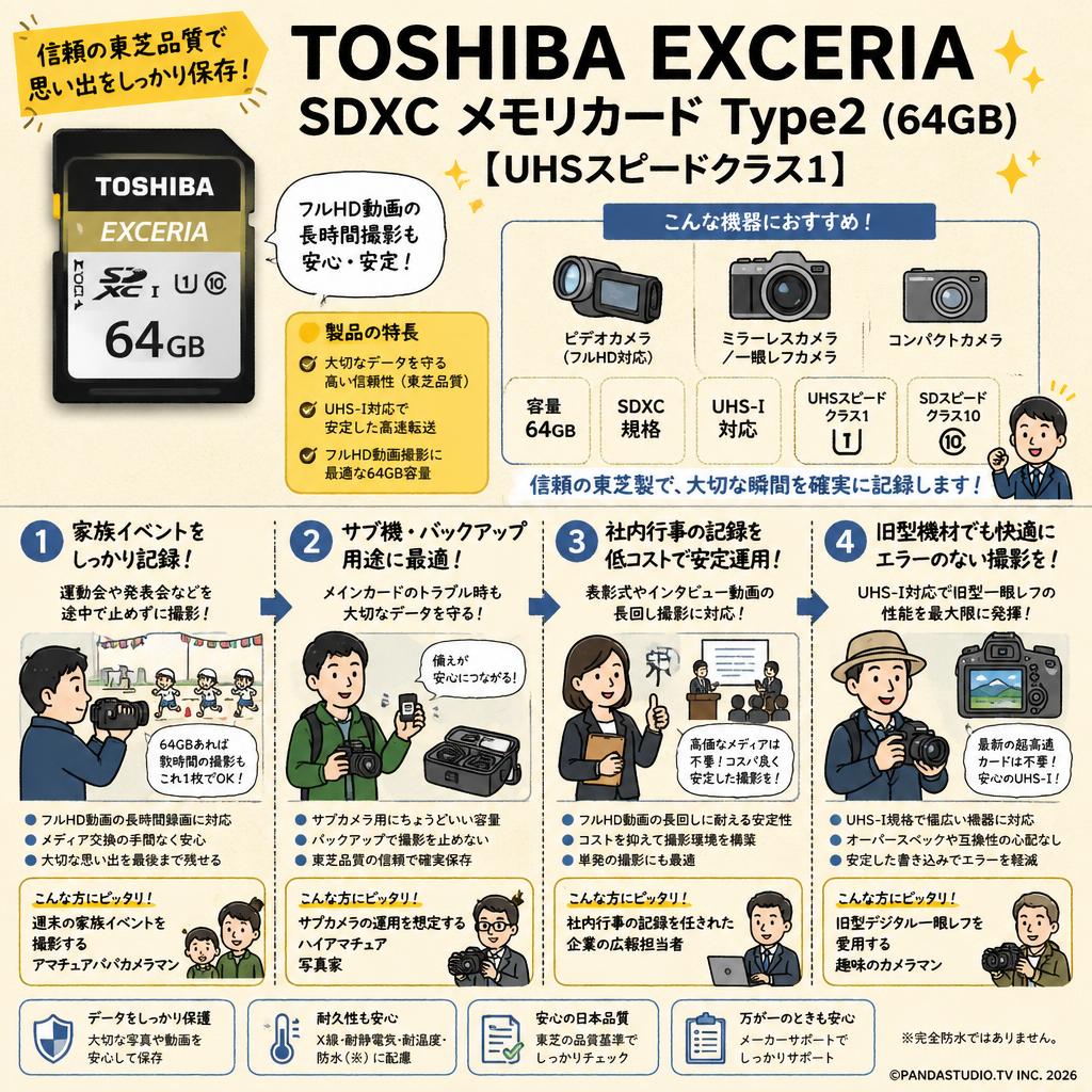TOSHIBA EXCERIA SDXC メモリカード Type2(64GB)【UHSスピードクラス1】 おもな対象のお客様