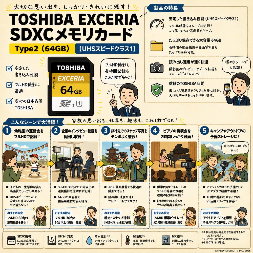 TOSHIBA EXCERIA SDXC メモリカード Type2(64GB)【UHSスピードクラス1】 用途