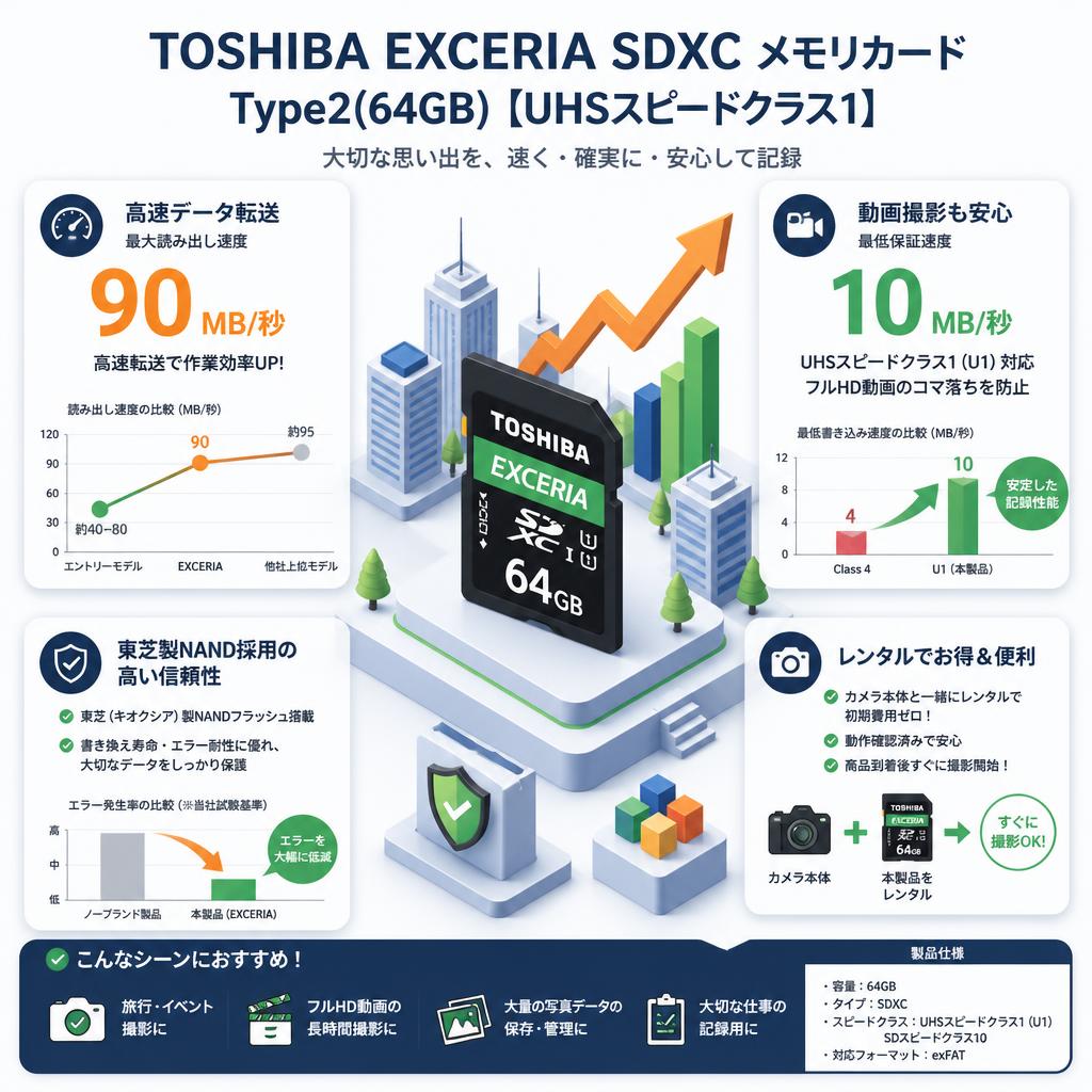 TOSHIBA EXCERIA SDXC メモリカード Type2(64GB)【UHSスピードクラス1】 セールスポイント