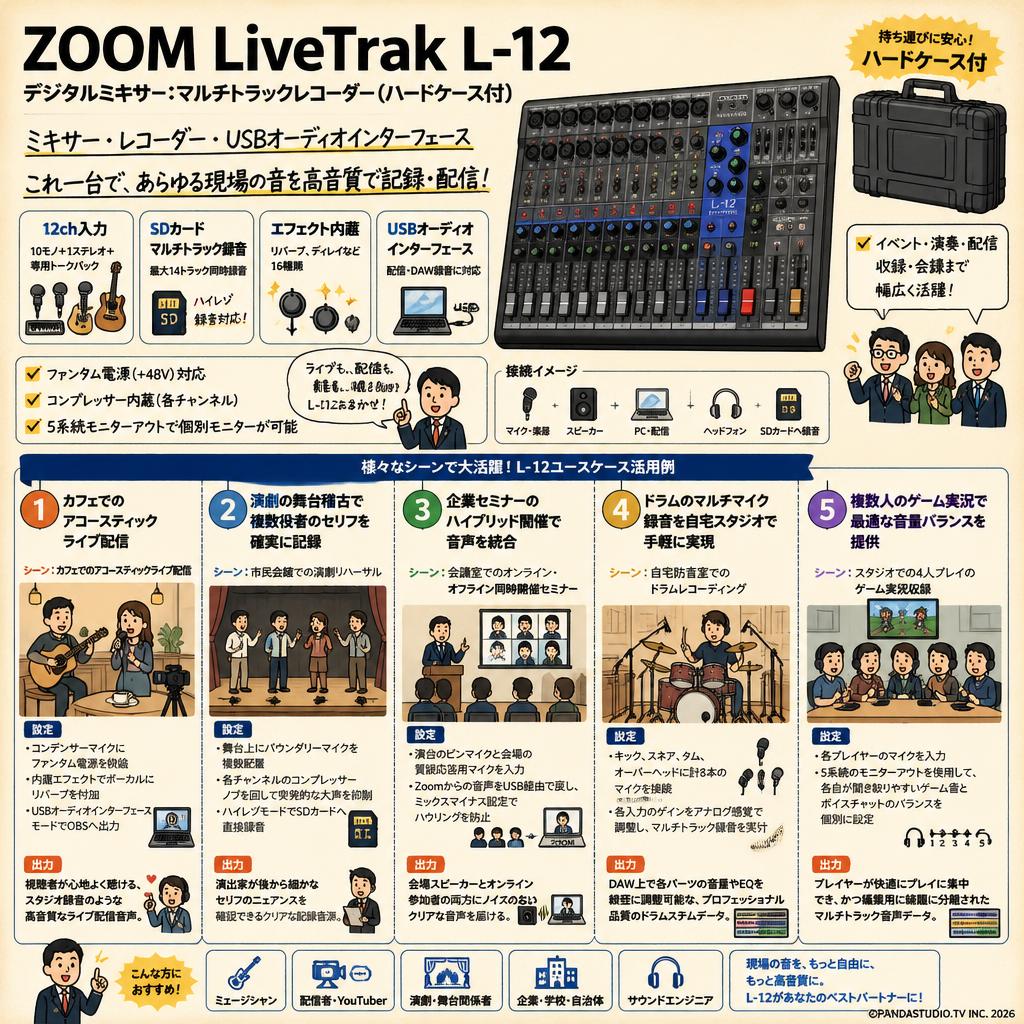 ZOOM LiveTrak L-12　デジタルミキサー：マルチトラックレコーダー(ハードケ－ス付) 用途